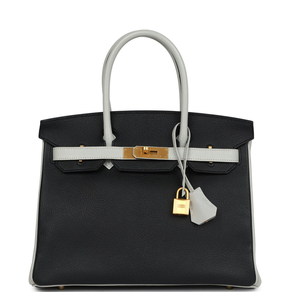 Pre-owned Hermes Special Order (HSS) Birkin 30 Black and Gris Perle Chevre Mysore Brushed Gold Hardware – Accessorio premium elegante