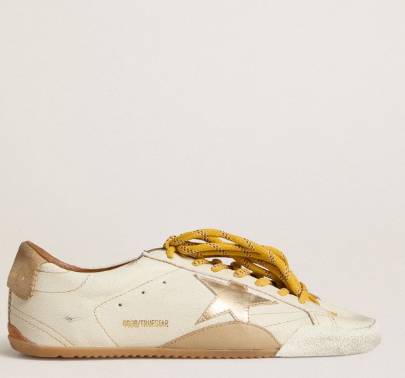 True-Star Donna in nappa bianca con stella oro e talloncino in suede beige