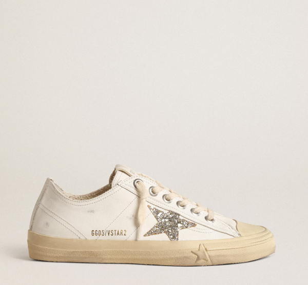 V-Star in pelle bianca con stella in glitter color platino