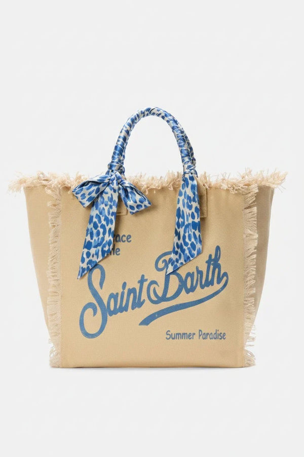 Borsa Vanity in canvas sabbia con manico foulard blu stampa animalier