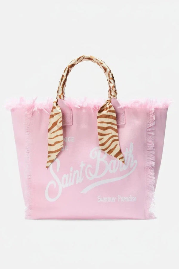 Borsa Vanity in canvas sabbia con manico foulard rosa stampa animalier