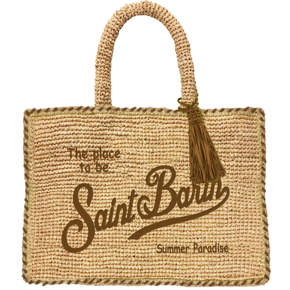 Borsa Vanity in raffia con logo e bordi marrone