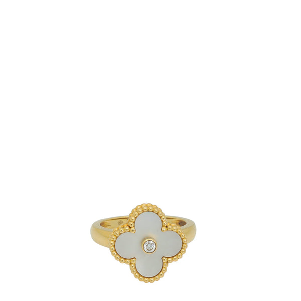Van Cleef & Arpels 18K Yellow Gold MOP 1 Diamond Vintage Alhambra Ring 53 – Accessorio premium elegante