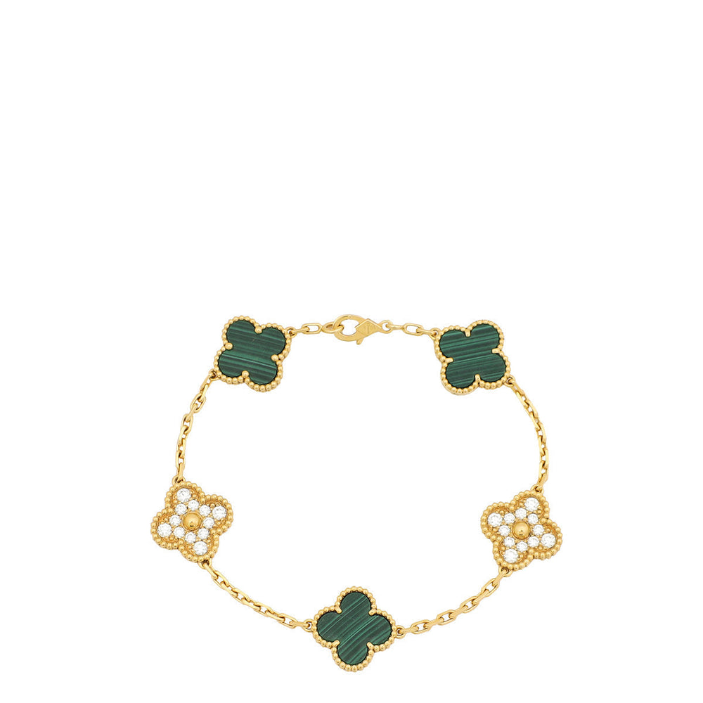 Van Cleef & Arpels 18K Yellow Gold Diamond Malachite 5 Motifs Vintage Alhambra Bracelet – Accessorio premium elegante