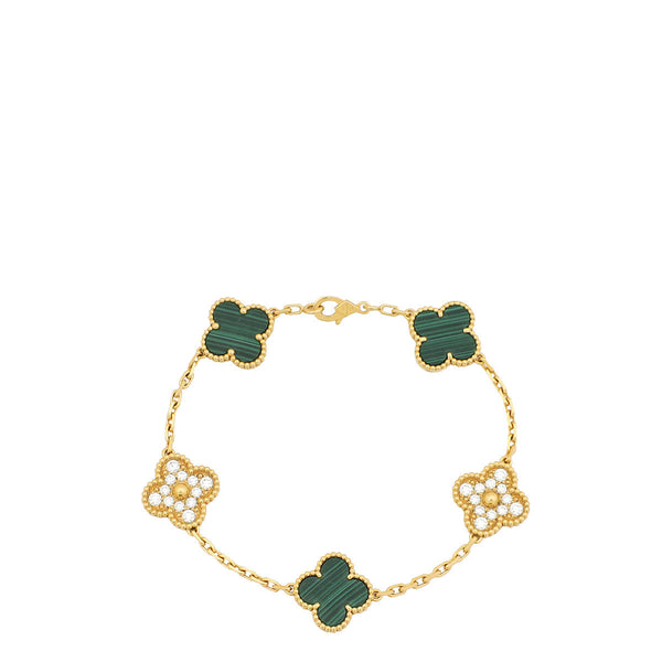 Van Cleef & Arpels 18K Yellow Gold Diamond Malachite 5 Motifs Vintage Alhambra Bracelet – Accessorio premium elegante