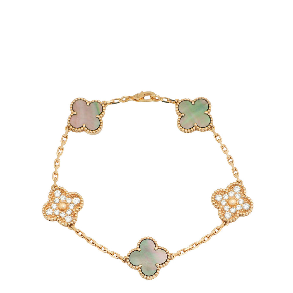 Van Cleef & Arpels 18K Rose Gold 5 Motifs Diamond Vintage Alhambra Bracelet – Accessorio premium elegante