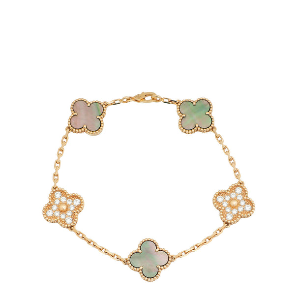 Van Cleef & Arpels 18K Rose Gold 5 Motifs Diamond Vintage Alhambra Bracelet – Accessorio premium elegante