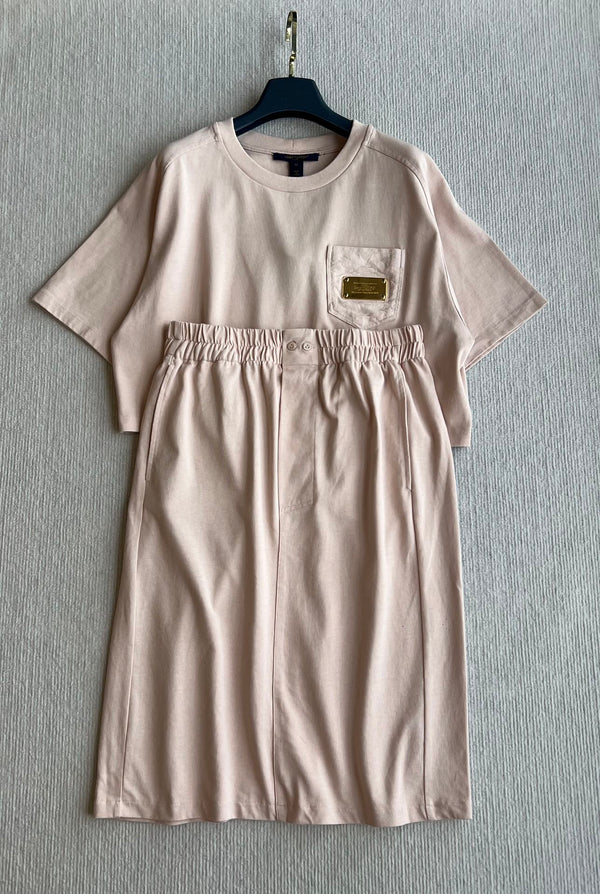 LV 25 Monogram Pocket Patch Iron Elastic Waist Set Light Pink Cotton – Accessorio premium elegante