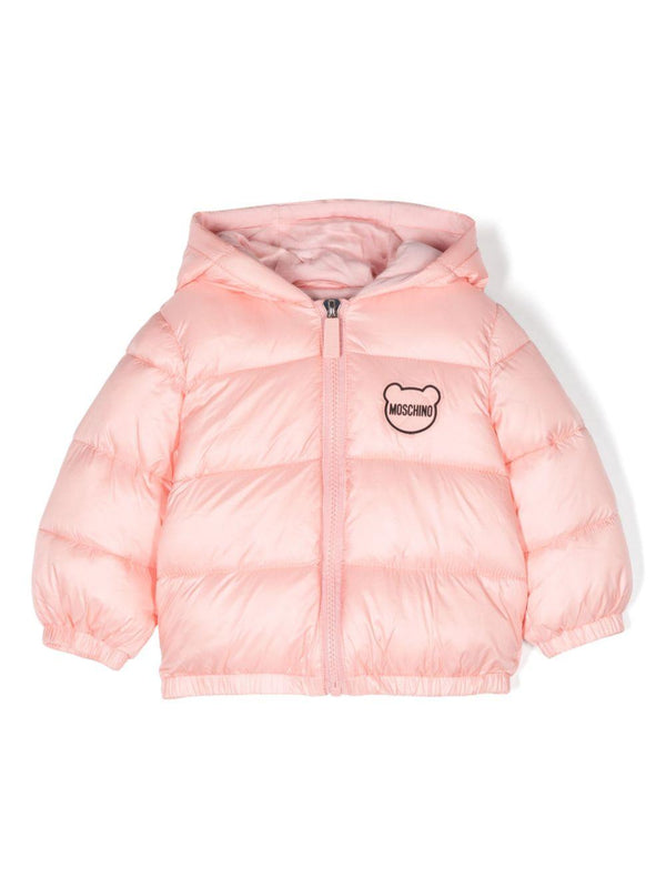 Giubbotto imbottito per neonati Moschino Kids rosa con applicazione logo – Accessorio premium elegante