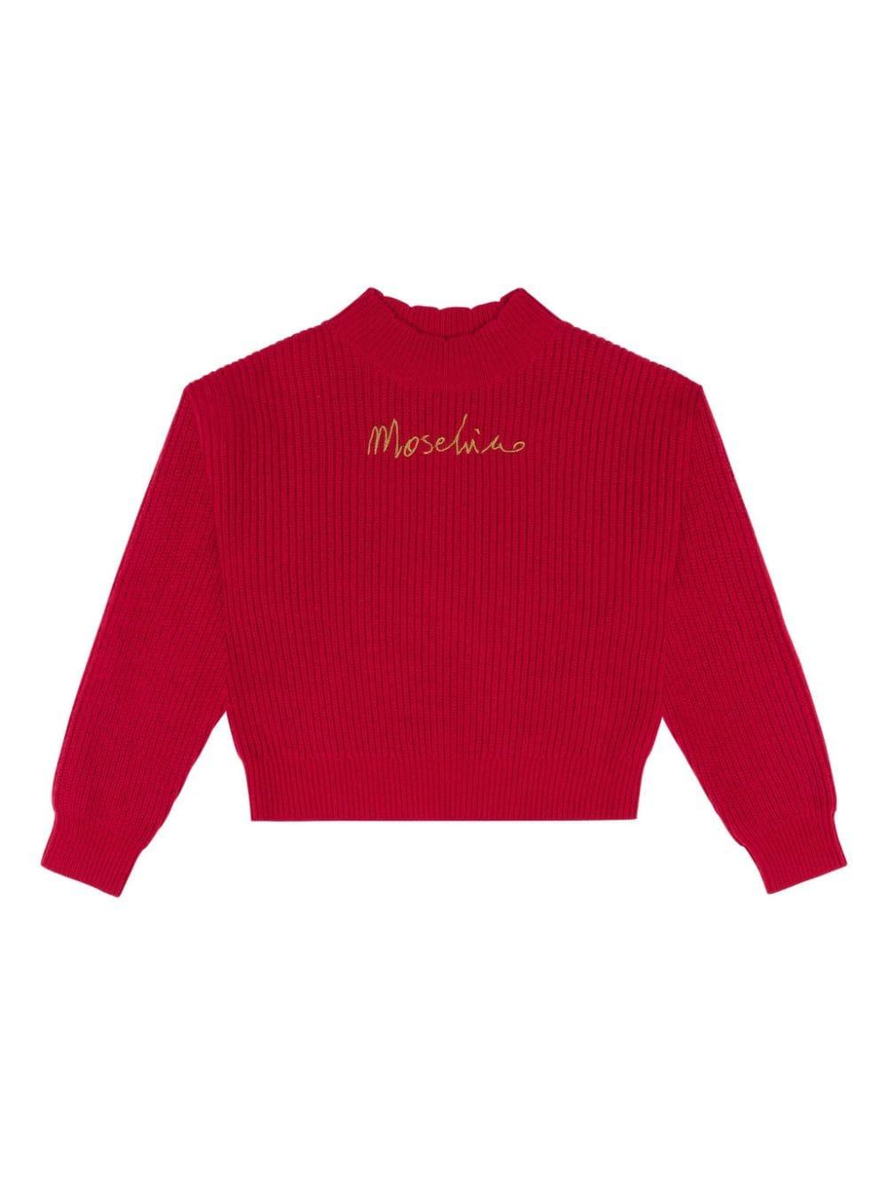 Maglione per bambina Moschino Kids rosso con ricamo logo in oro – Accessorio premium elegante