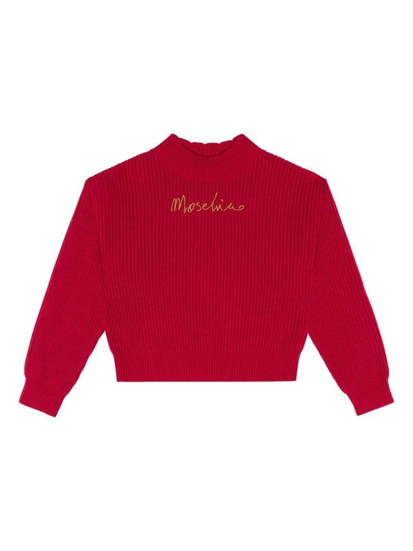 Maglione per bambina Moschino Kids rosso con ricamo logo in oro – Accessorio premium elegante