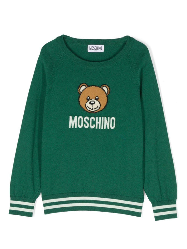 Maglione per bambina Moschino Kids verde con logo intarsiato e ricamo Teddy Bear – Accessorio premium elegante