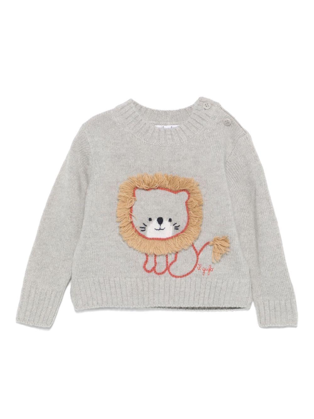 Maglione per neonato Il Gufo grigio in lana vergine con ricamo leone – Accessorio premium elegante