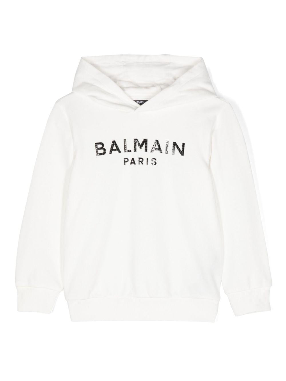 Felpa con cappuccio e stampa logo in vernice per bambino Balmain Kids bianco con maniche lunghe – Accessorio premium elegante