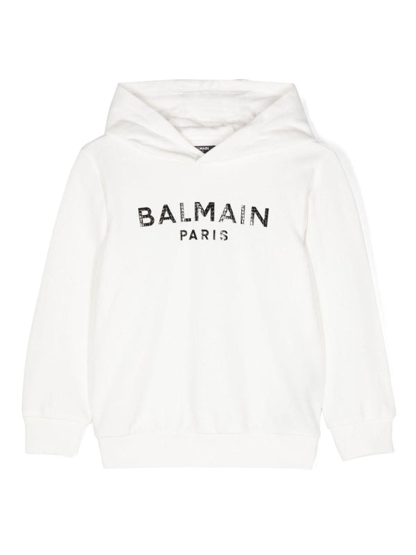 Felpa con cappuccio e stampa logo in vernice per bambino Balmain Kids bianco con maniche lunghe – Accessorio premium elegante