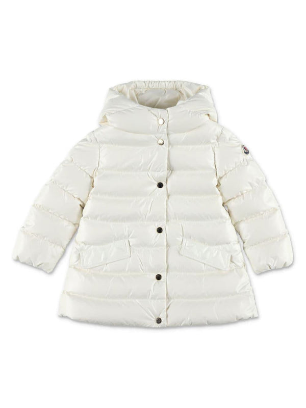 Piumino con cappuccio Ibida per neonato Moncler Enfant bianco con toppa con logo – Accessorio premium elegante