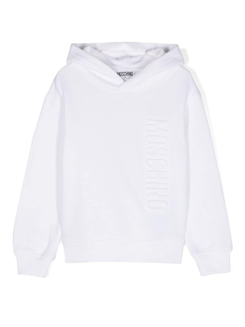 Felpa per bambino Moschino Kids bianco con cappuccio e logo goffrato sul davanti – Accessorio premium elegante