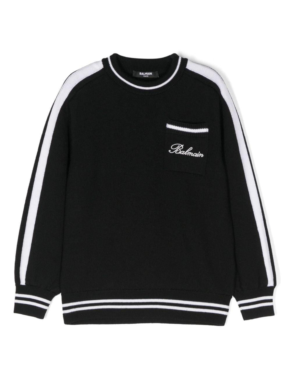 Maglione con logo ricamato per bambino Balmain Kids nero con bordo a righe – Accessorio premium elegante