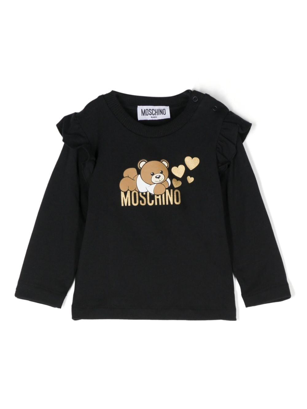 T-shirt per neonata Moschino Kids nero con stampa Teddy Bear e ruches – Accessorio premium elegante