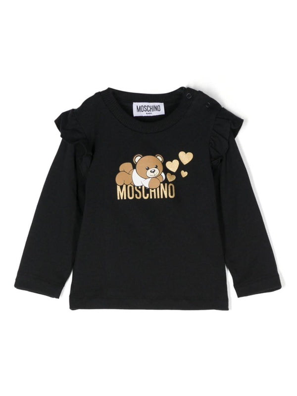 T-shirt per neonata Moschino Kids nero con stampa Teddy Bear e ruches – Accessorio premium elegante