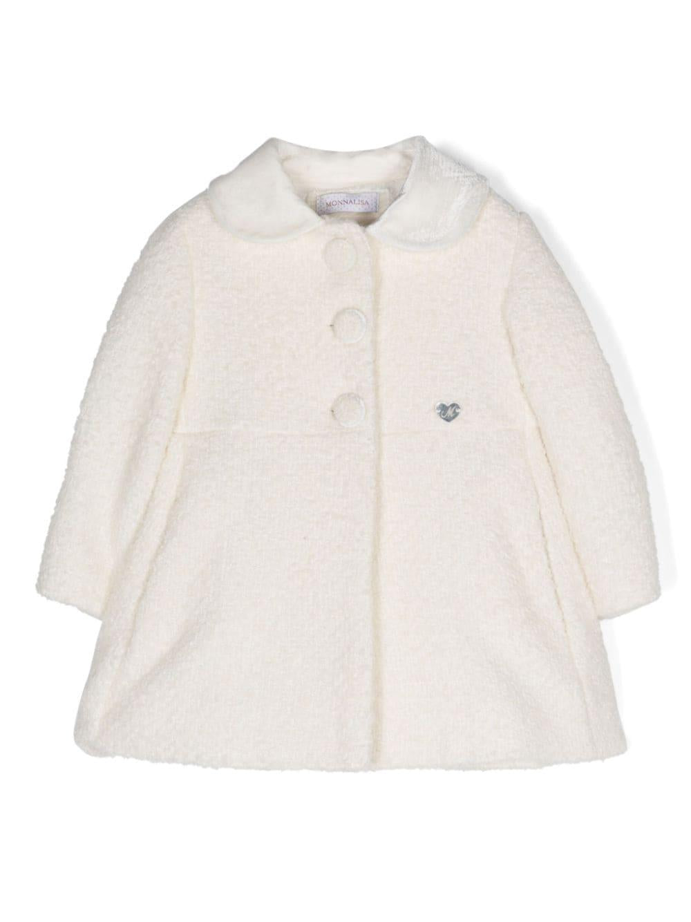 Cappotto per neonata Monnalisa bianco svasato con targhetta logo – Accessorio premium elegante