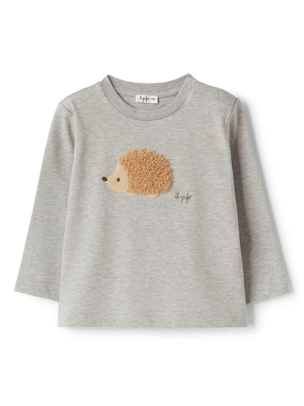 T shirt per neonati grigia Il Gufo con applicazione istrice in pelliccia – Accessorio premium elegante
