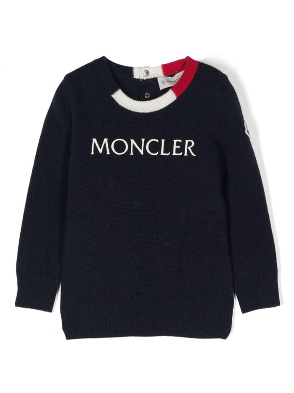 Maglione con ricamo logo per neonato Moncler Enfant blu con rifinitura a coste – Accessorio premium elegante