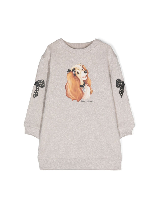 Abito con stampa grafica x Disney per bambina Monnalisa beige con ricamo con fiocco sulle maniche – Accessorio premium elegante