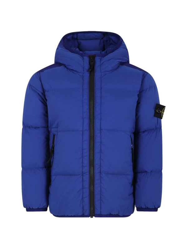Giacca imbottita con cappuccio e toppa con bussola per bambino Stone Island Junior blu con due tasche laterali con zip – Accessorio premium elegante