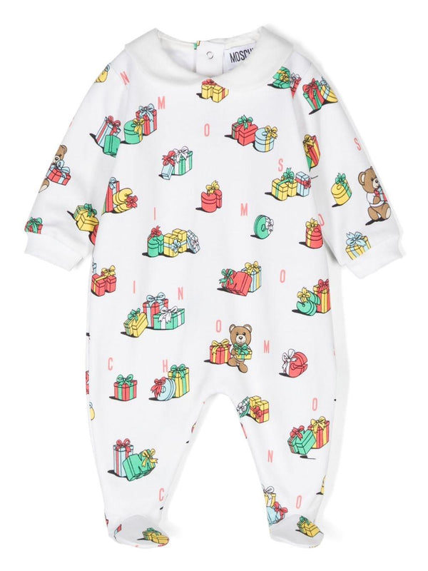 Pigiama per neonati Moschino Kids bianco con stampa Teddy Bear – Accessorio premium elegante