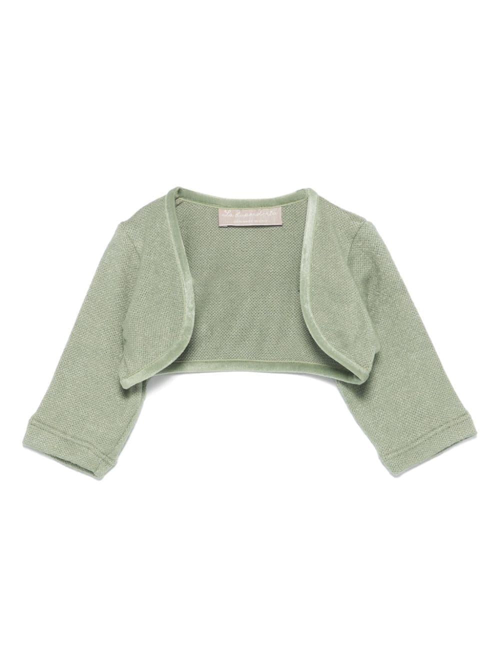 Cardigan con bordo in velluto per neonato La Stupenderia verde con design crop – Accessorio premium elegante