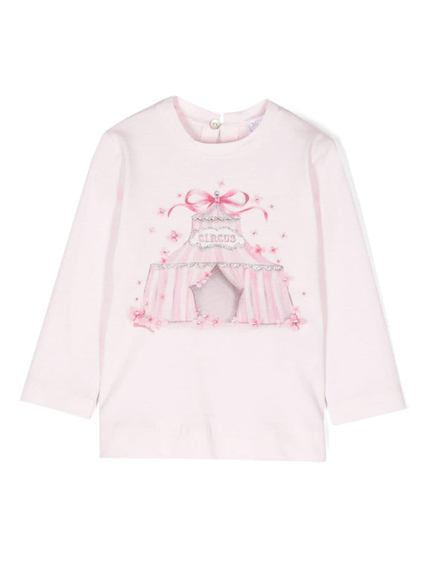T-shirt St. Circus con stampa grafica per neonata Monnalisa rosa con decorazione con strass – Accessorio premium elegante
