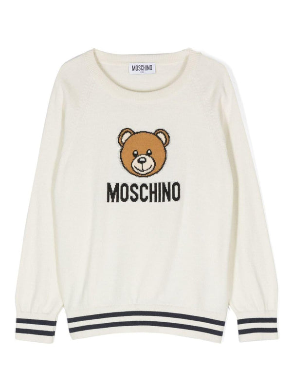 Maglione per bambina Moschino Kids bianco con logo intarsiato e ricamo Teddy Bear – Accessorio premium elegante
