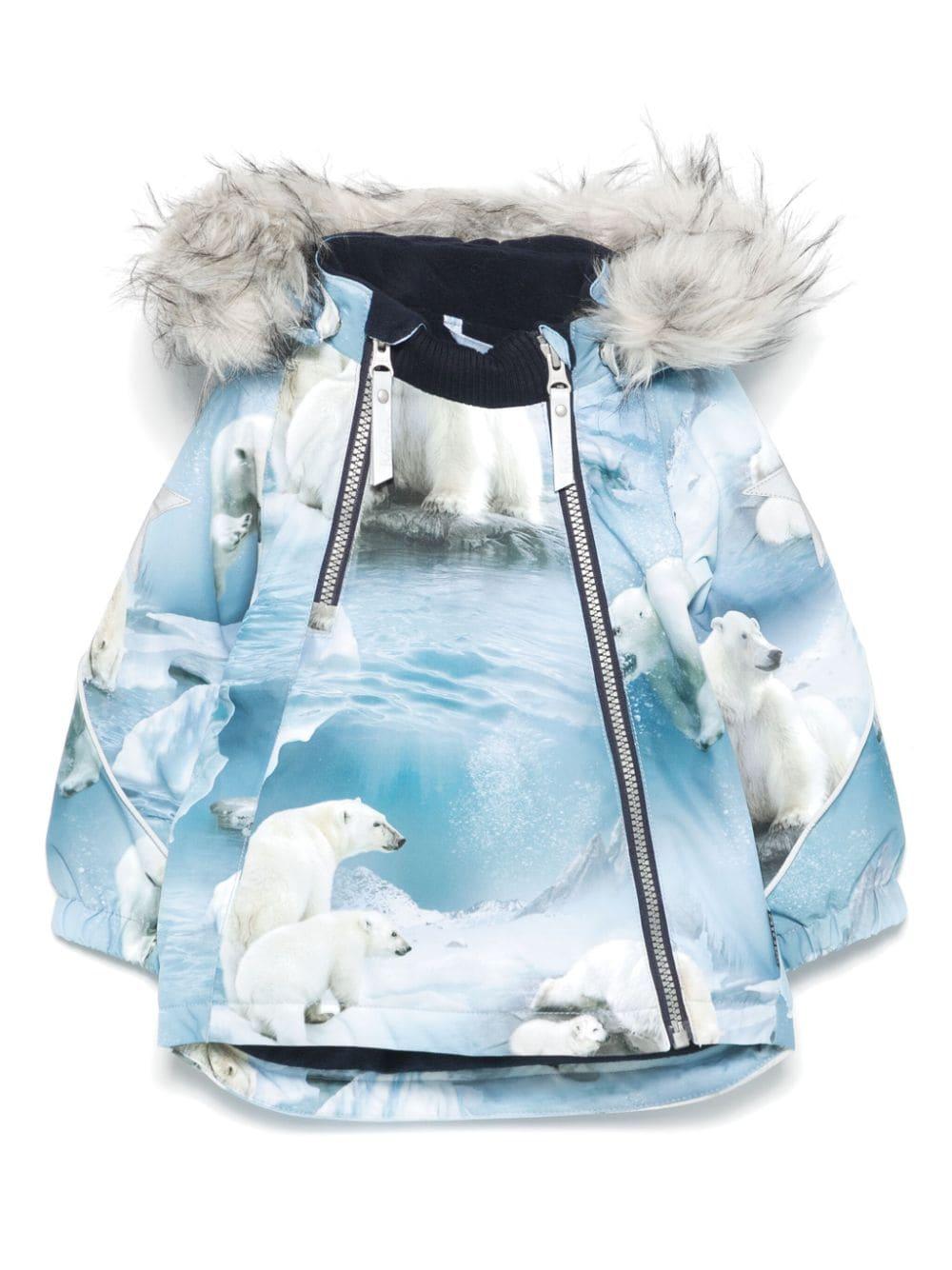 Giubbino per neonato Molo Hopla azzurro in pelliccia con stampa Polar Bear – Accessorio premium elegante
