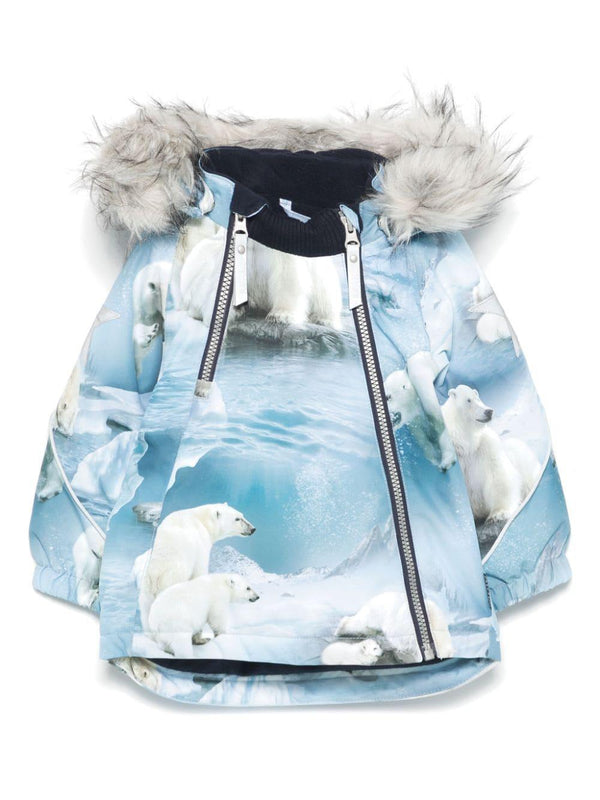 Giubbino per neonato Molo Hopla azzurro in pelliccia con stampa Polar Bear – Accessorio premium elegante
