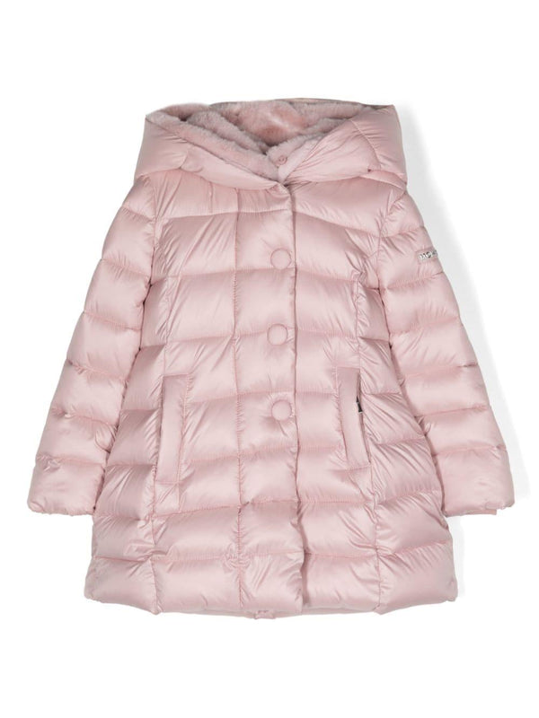 Cappotto imbottito per bambina Monnalisa rosa con cappuccio con bordo in finta pelliccia – Accessorio premium elegante