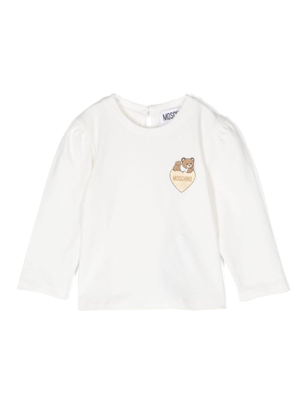 T-shirt per neonata bianca Moschino Kids con stemma Teddy Bear e cuoricino – Accessorio premium elegante