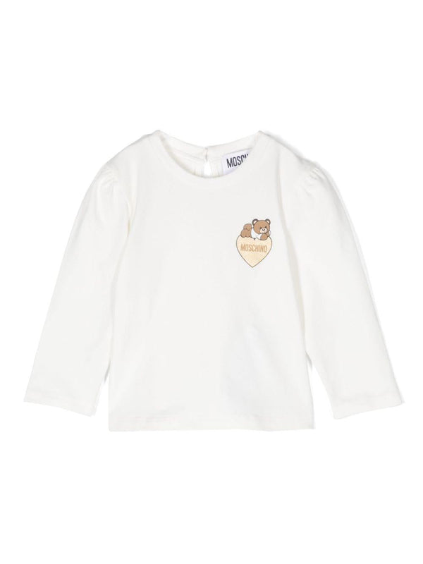 T-shirt per neonata bianca Moschino Kids con stemma Teddy Bear e cuoricino – Accessorio premium elegante