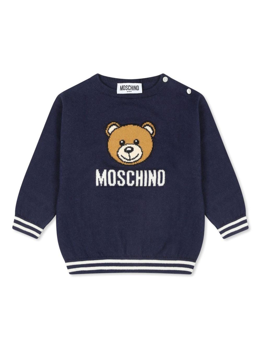 Maglione per neonati Moschino Kids blu con ricamo Teddy Bear – Accessorio premium elegante