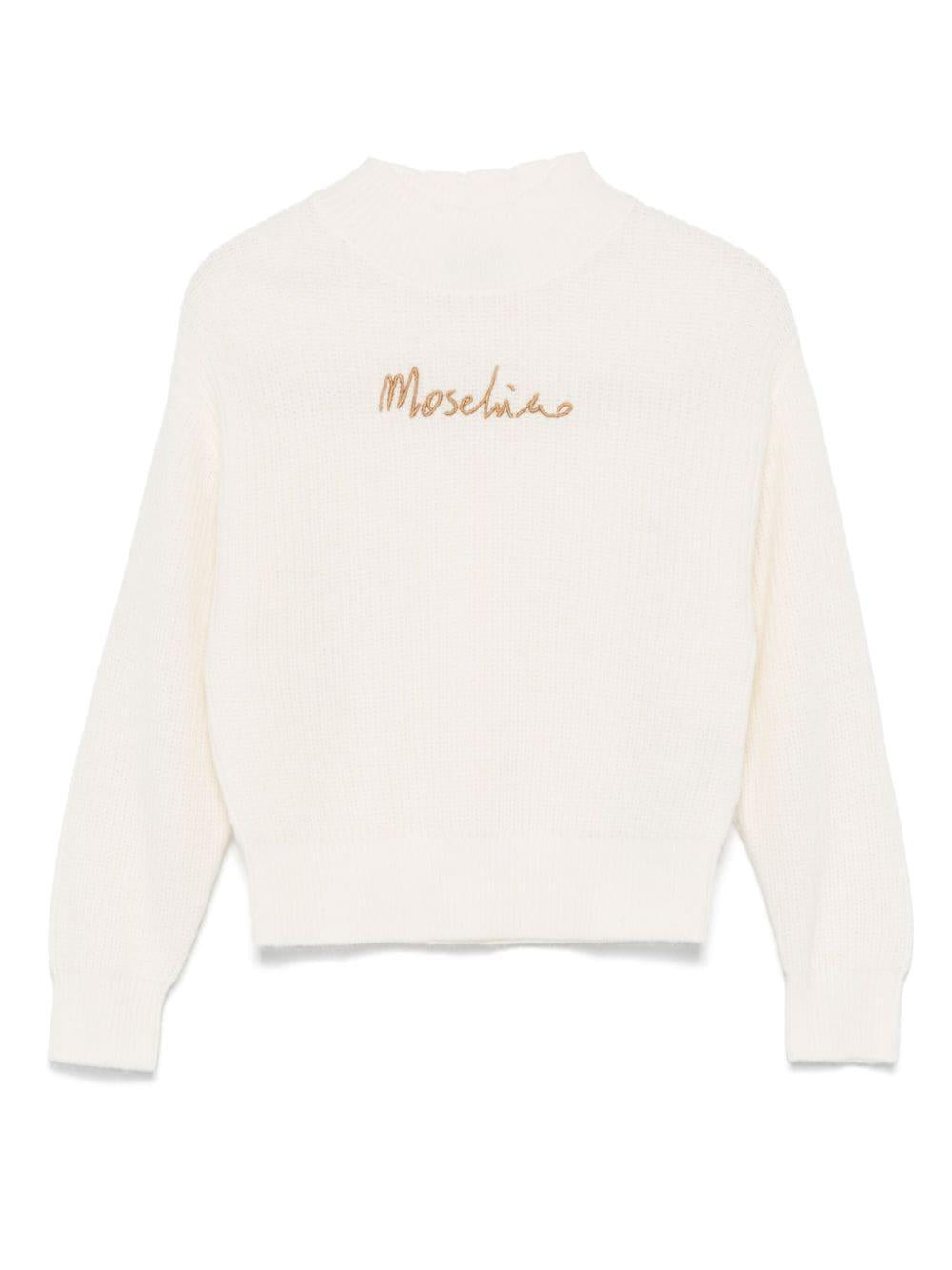 Maglione per bambina Moschino Kids bianco con ricamo logo in oro – Accessorio premium elegante