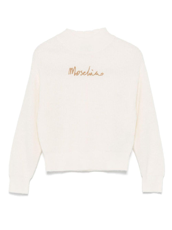 Maglione per bambina Moschino Kids bianco con ricamo logo in oro – Accessorio premium elegante