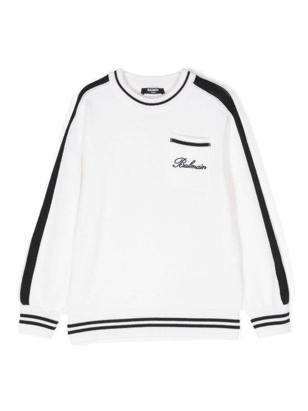 Maglione con logo ricamato per bambino Balmain Kids bianco con bordo a righe – Accessorio premium elegante