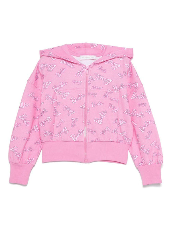 Felpa con cappuccio con stampa del logo x Barbie per bambina Monnalisa rosa con spalle scese – Accessorio premium elegante