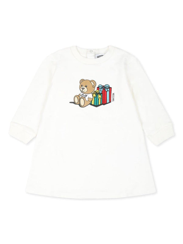 Abito per neonata Moschino Kids bianco con stampa Teddy Bear – Accessorio premium elegante