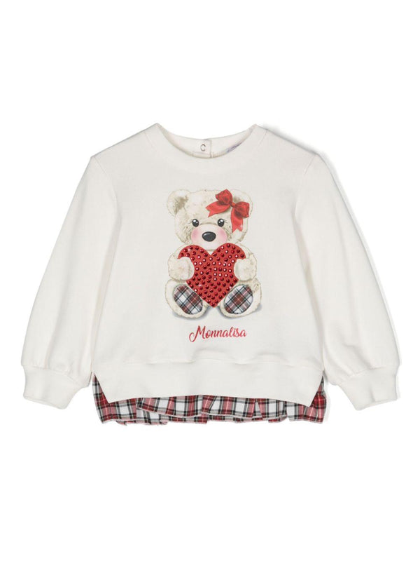 Felpa con stampa Teddy Bear per neonata Monnalisa bianca con decorazione in cristalli – Accessorio premium elegante