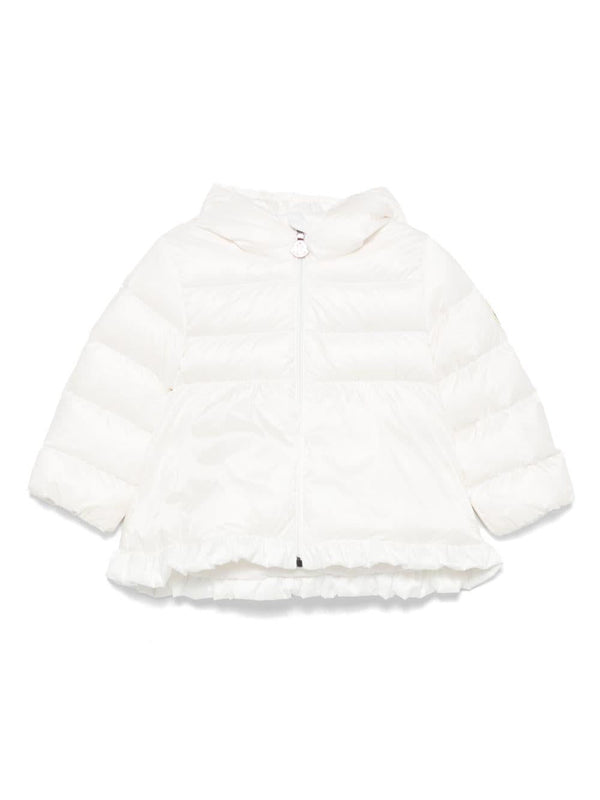 Piumino per neonata Moncler Enfant Odile bianco con orlo increspato – Accessorio premium elegante