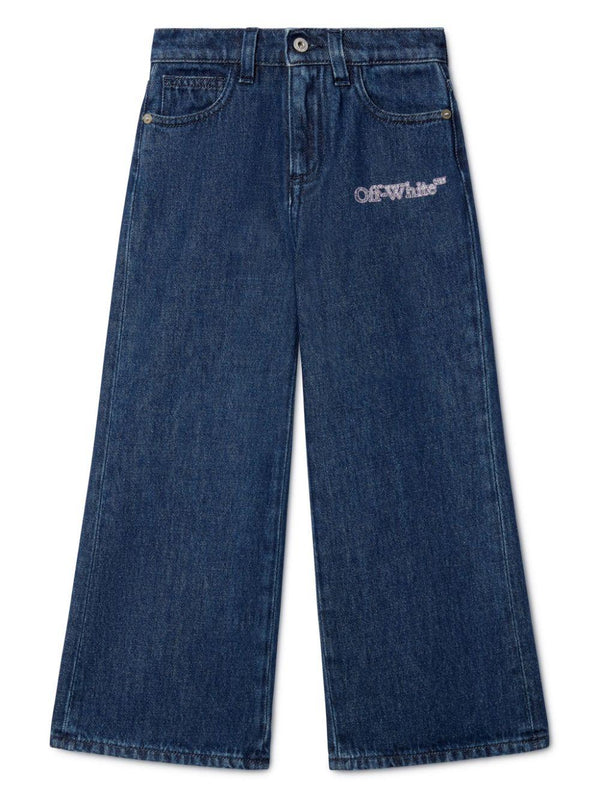 Jeans per bambina Off-White Kids Bookish in denim blu a gamba ampia – Accessorio premium elegante
