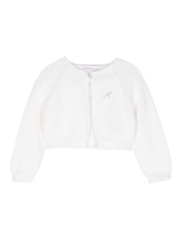 Cardigan per neonata Monnalisa bianco con applicazione con logo di strass – Accessorio premium elegante