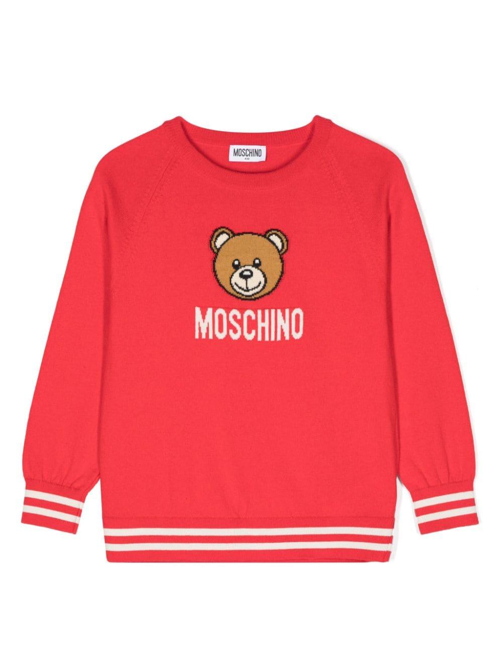 Maglione per bambina Moschino Kids rosso con logo intarsiato e ricamo Teddy Bear – Accessorio premium elegante