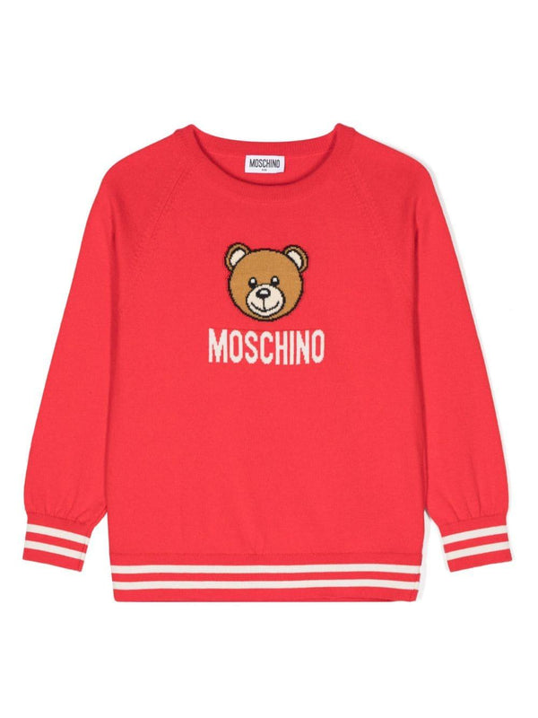 Maglione per bambina Moschino Kids rosso con logo intarsiato e ricamo Teddy Bear – Accessorio premium elegante